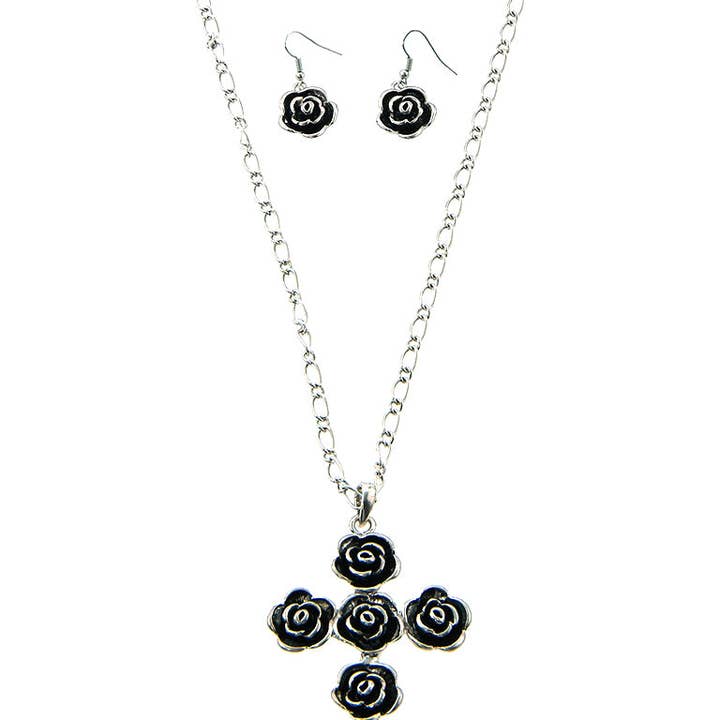 NEH110120-02 ROSE CROSS PENDANT CHAIN NECKLACE W/EARRING SET for wholesale by Western Elite Jewelry