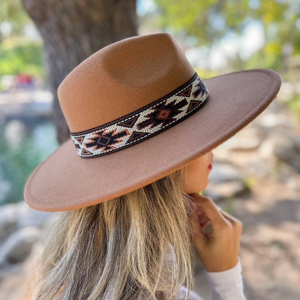 Elegant Camel Fedora with Multi Aztec Western Print Ribbon for wholesale on Faire1