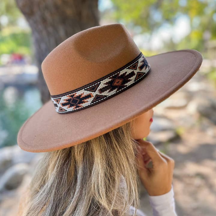 Elegant Camel Fedora with Multi Aztec Western Print Ribbon for wholesale on Faire1