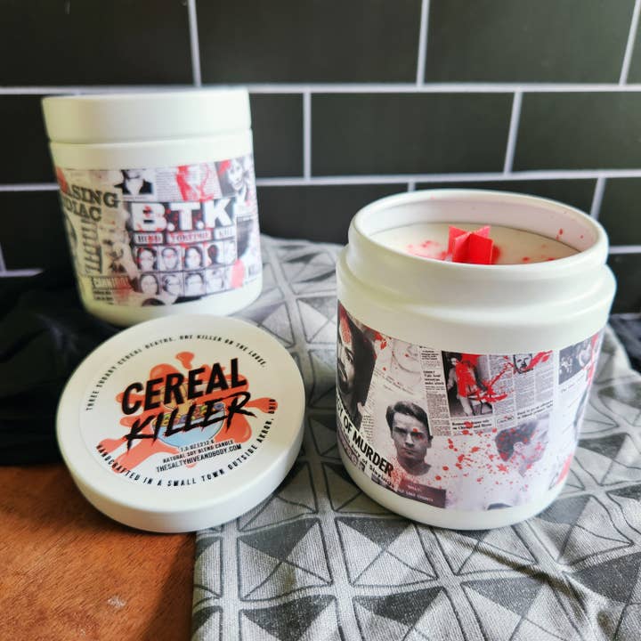 cereal killer candle - wood wick, true crime for wholesale by the salty hive home & body llc