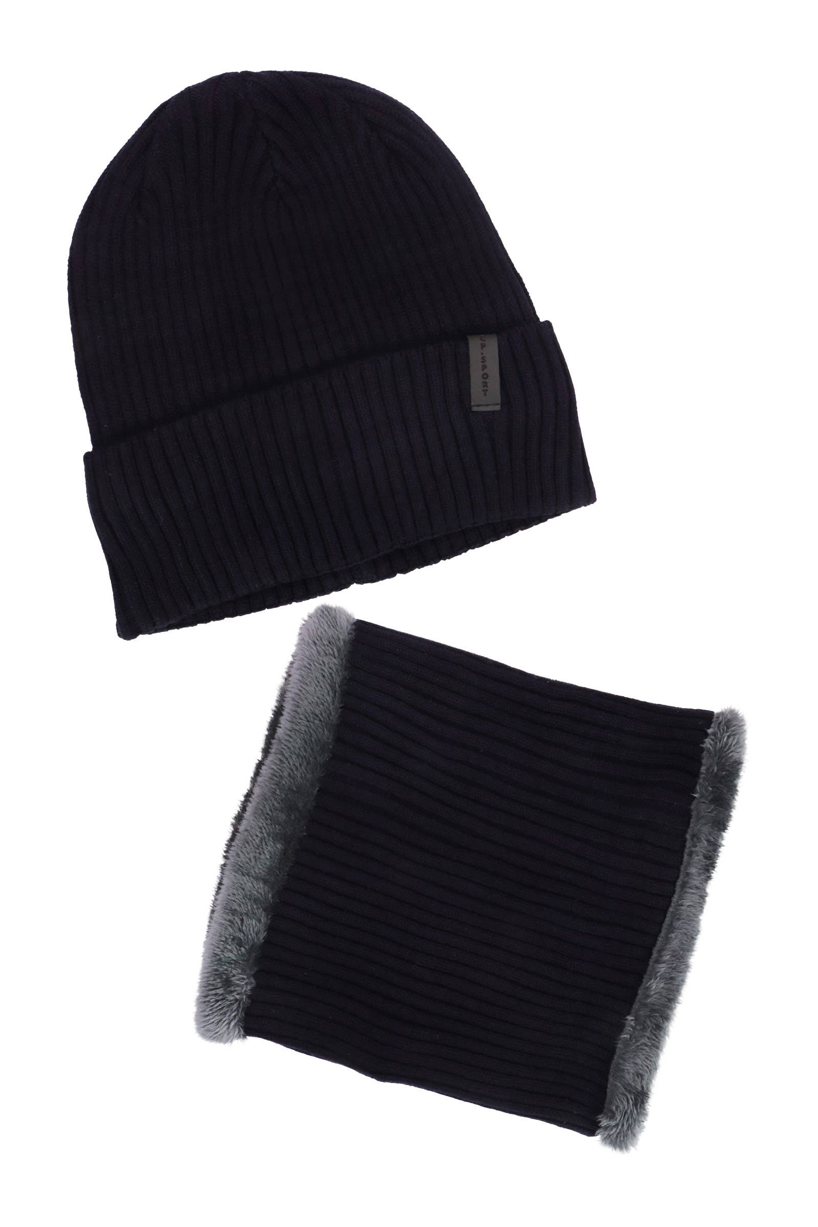 ASSORTED 2-piece Sports Ribbed Knitted Fur Beanie Scarf for wholesale on Faire6