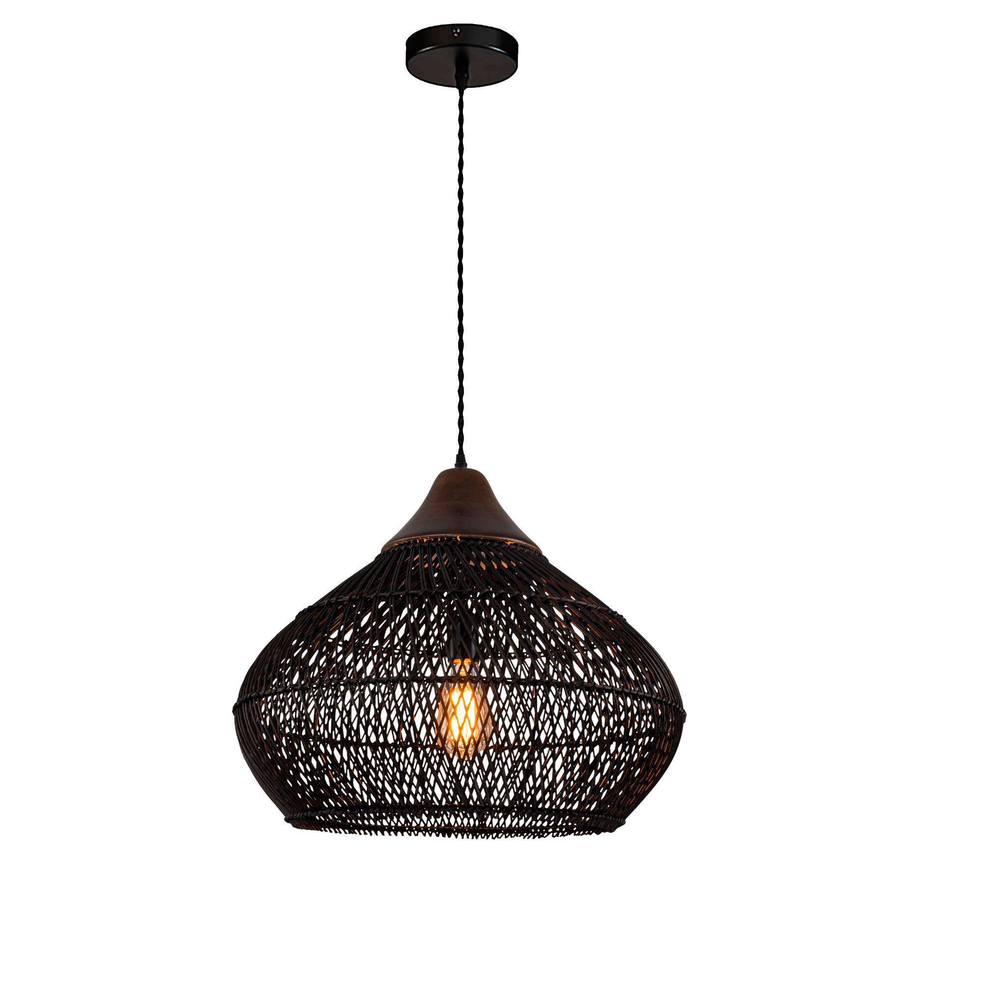 Noir Mat Grande lampe suspendue en rotin Coastal, plafonnier noir mat en vente sur Faire3