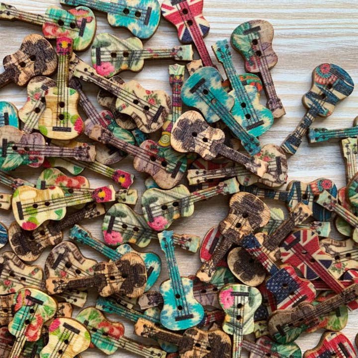 Wooden Buttons, 1 Inch, Guitar Shaped Buttons, Assorted Styl for wholesale by Magnifique Hearts