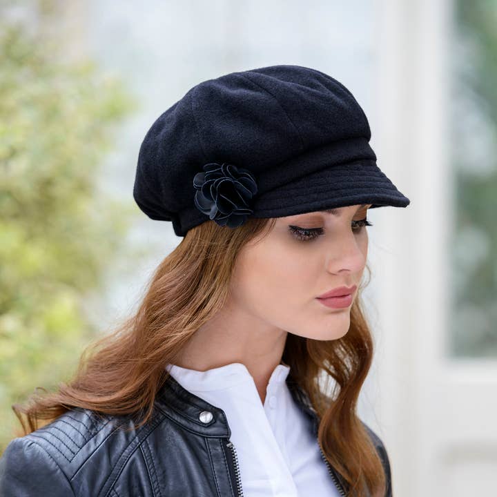 Mucros Weavers - Wholesale Newsboy/Schoolboy Hat - Women's - Ladies 100% Wool Newsboy Cap Black