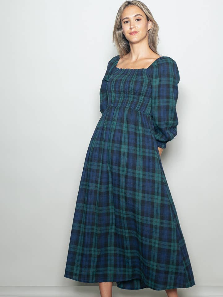 Zachte Geborstelde Flanel Lange Mouw Blackwatch Ruit Maxi Jurk voor wholesale door Elloh Collection