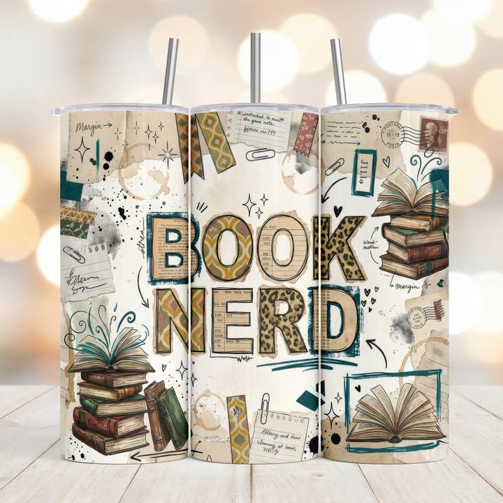 Book Nerd 20oz Skinny Tumbler for wholesale by Dogwood Graphics & Design