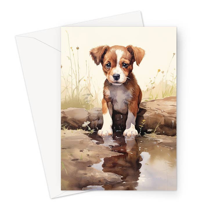 In A Puddle Puppy Greeting Card for wholesale by Wild And Arty