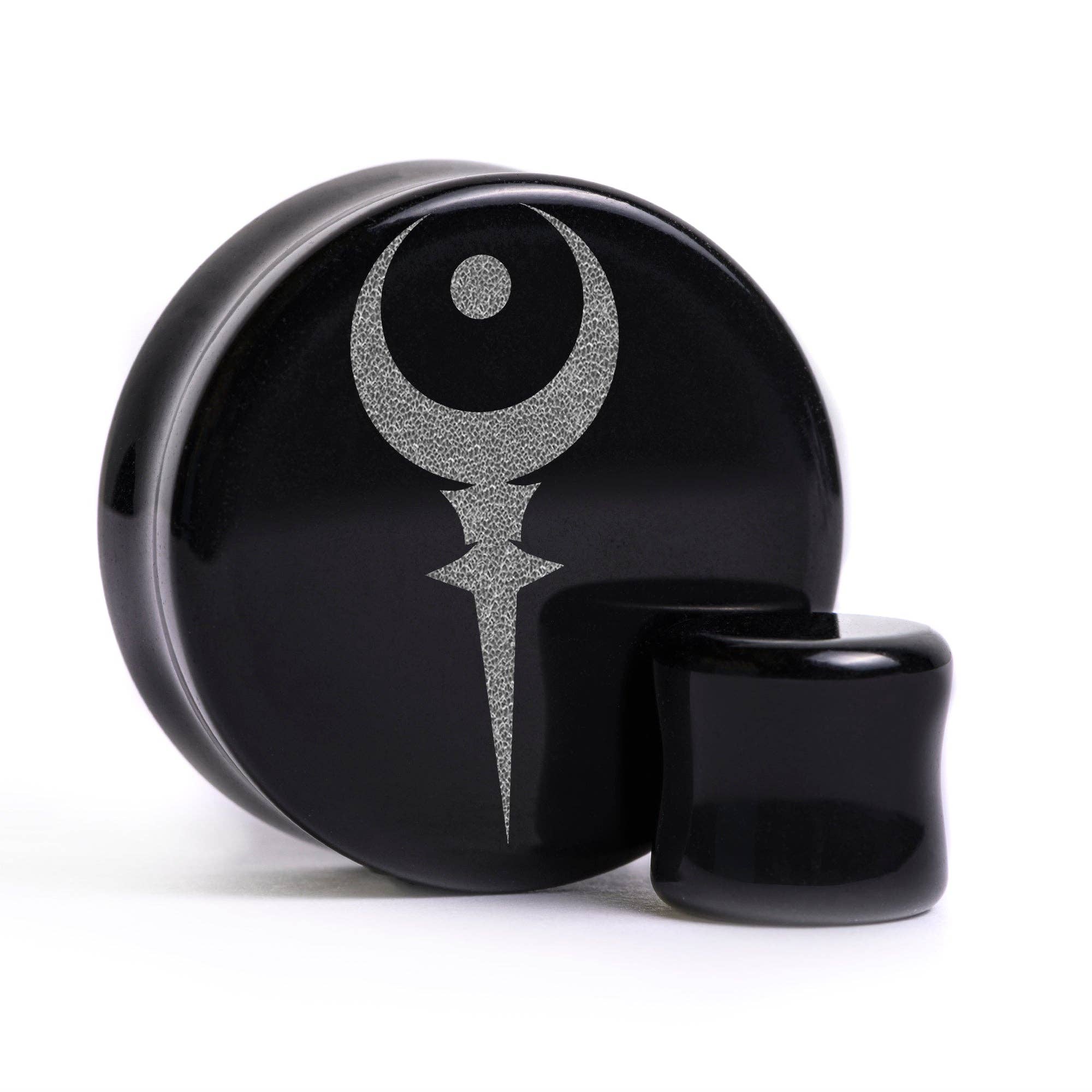 Custom Plugs - Wholesale Gauge/Plug Earrings - Sigil Of Hades Plug / Gauge - Black Glass | Flat Faced Double Flare0