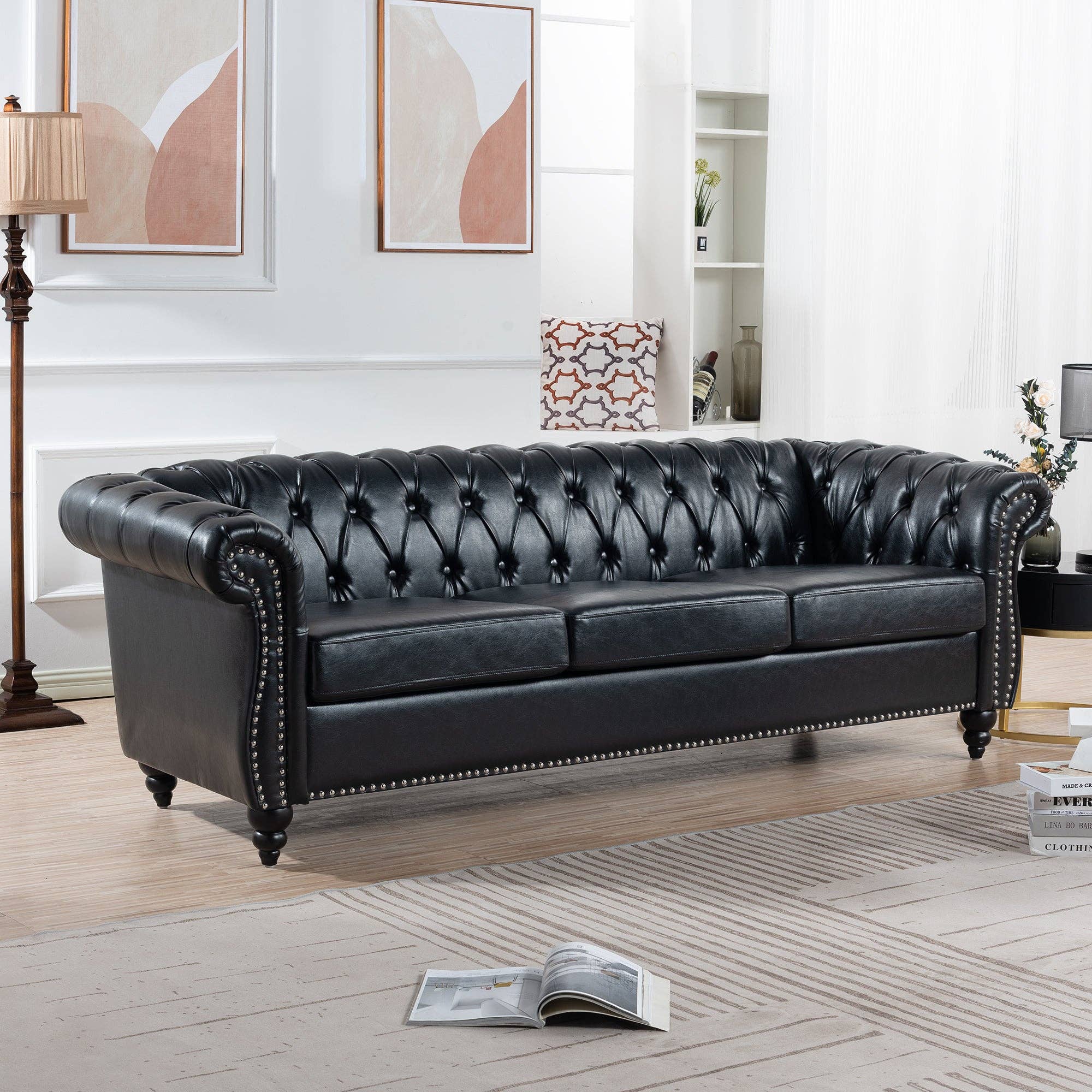 39F Inc. - Wholesale Chair - 84.65''BLACK PU Rolled Arm Chesterfield 3 Seater Sofa,6Color20