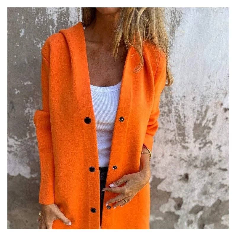 UZ Wholesale Store – Blusão - Mulher por atacado – Casaco de tricô casual com capuz e abotoamento simples em cor sólida10