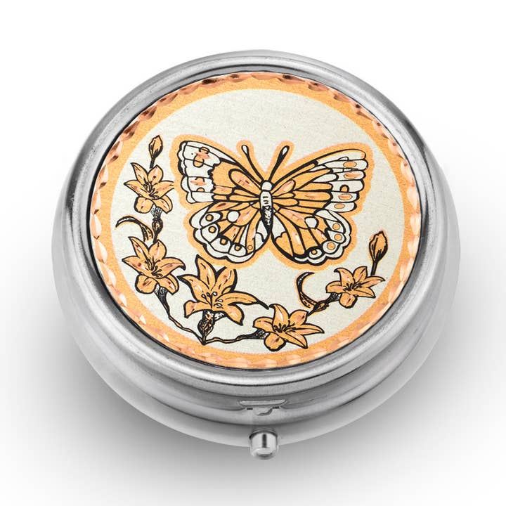 PB 37 Flowers & Butterfly Pill Box for wholesale by COPPER ARTS INC.