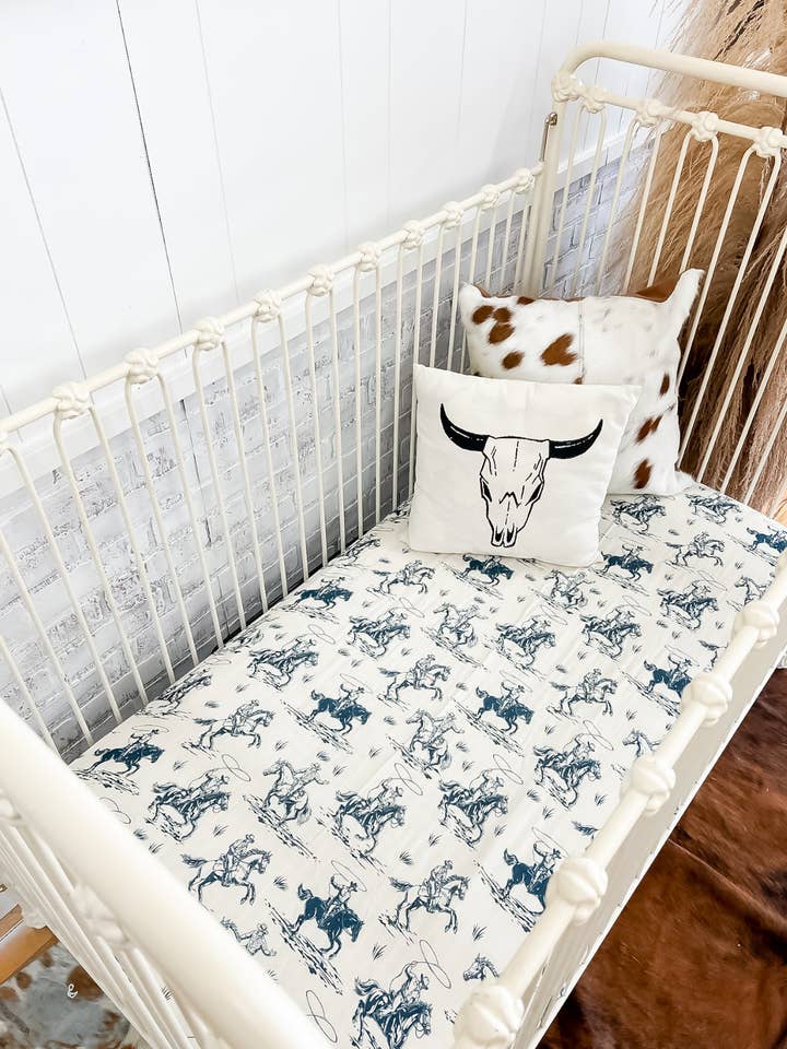 Blue Jean Rodeo Fitted Crib Sheet for wholesale by The Fringed Pineapple