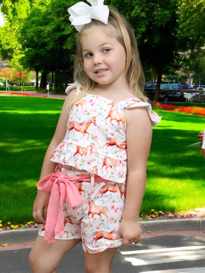 (Western) Horse printed girls short set w/open back. SOL for wholesale by Kids Charm Online