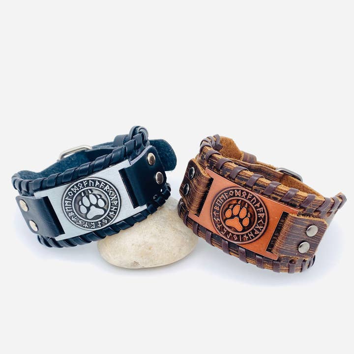 Vintage Viking Bear Claw Rune Totem Leather Bracelet - MJ/BC for wholesale by Mio Queena