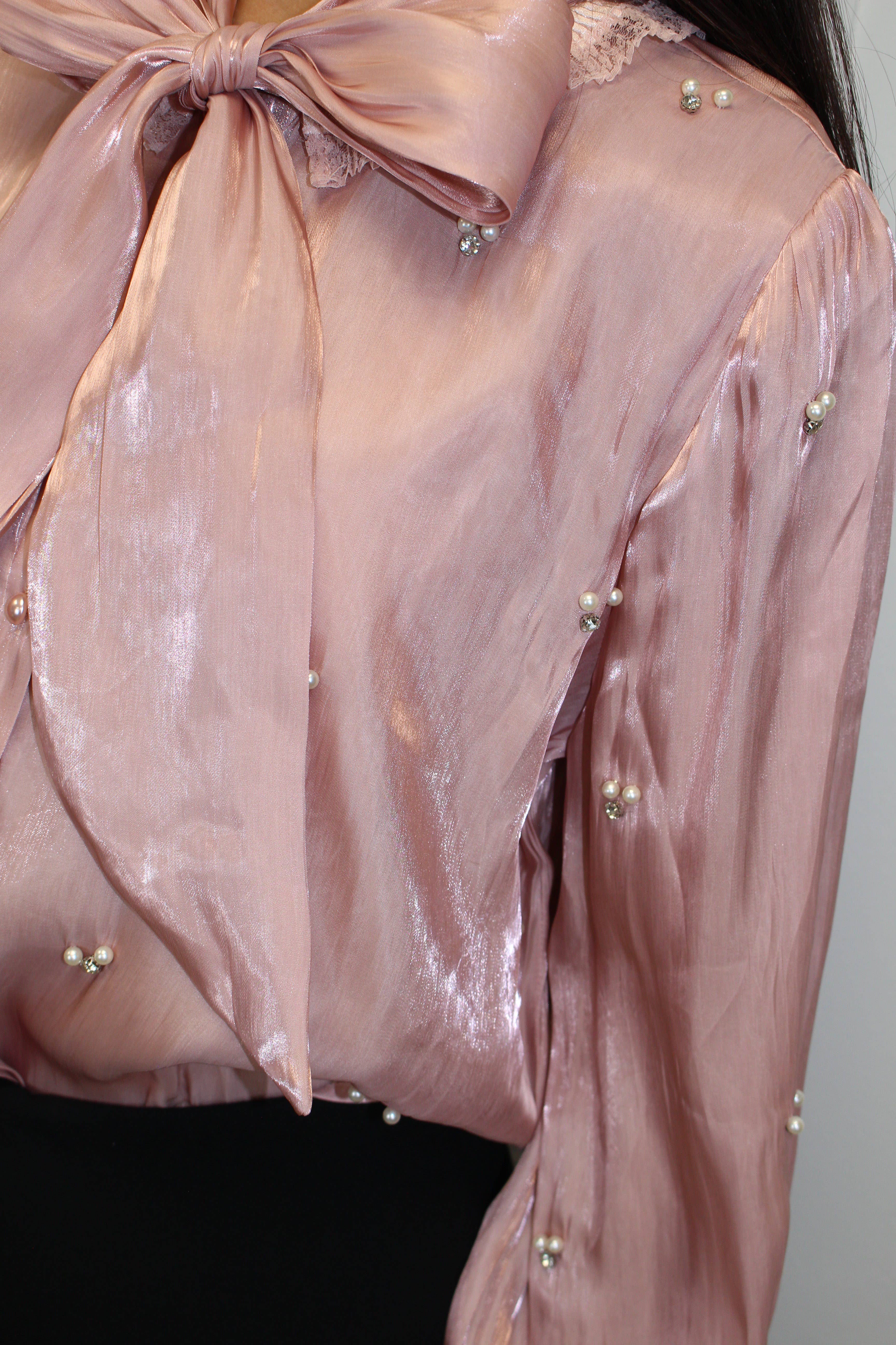 Pink Bow tie collar satin blouse with pearl and rhinestone detail for wholesale on Faire2