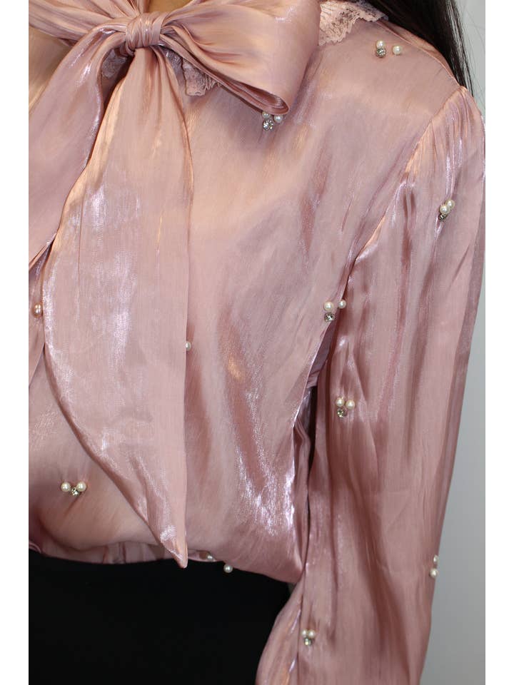 Pink Bow tie collar satin blouse with pearl and rhinestone detail for wholesale on Faire2