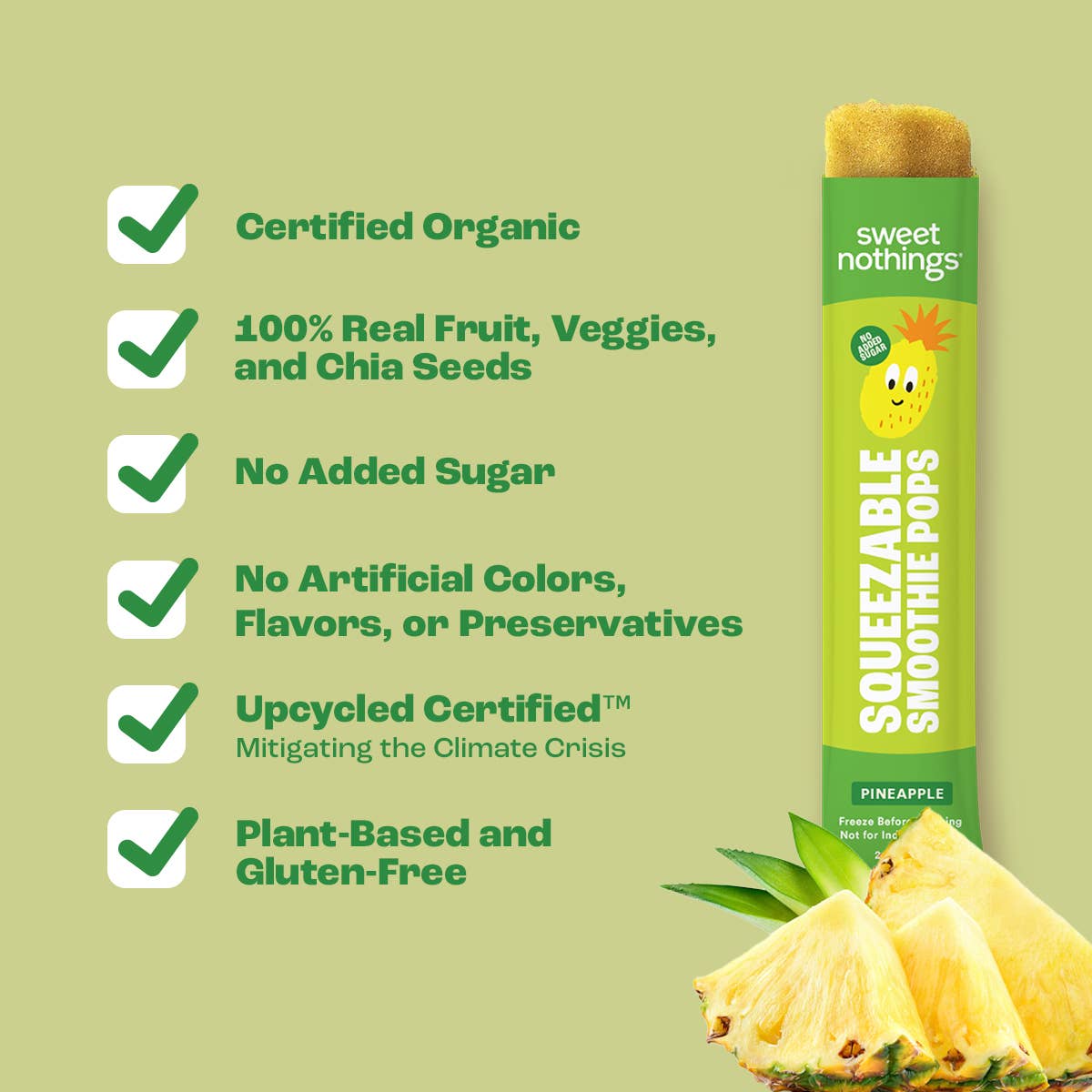 Sweet Nothings - Wholesale Fruit Snacks - Pineapple Spinach Squeezable Smoothie Pops - Freeze At Home4