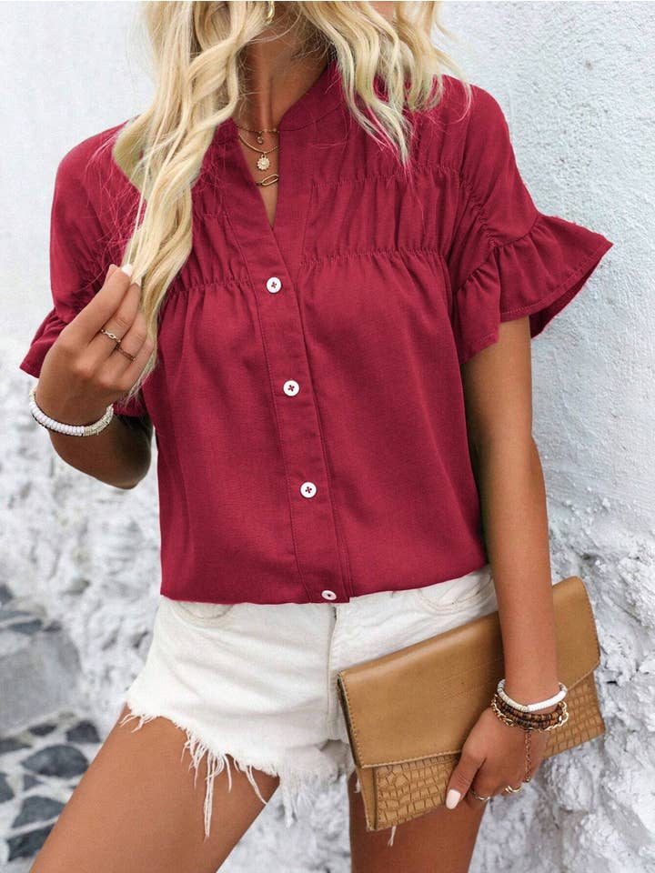 Wholesalesir - Wholesale Button Down Shirt - Women's - Solid Color Short Sleeved Pleated Shirt