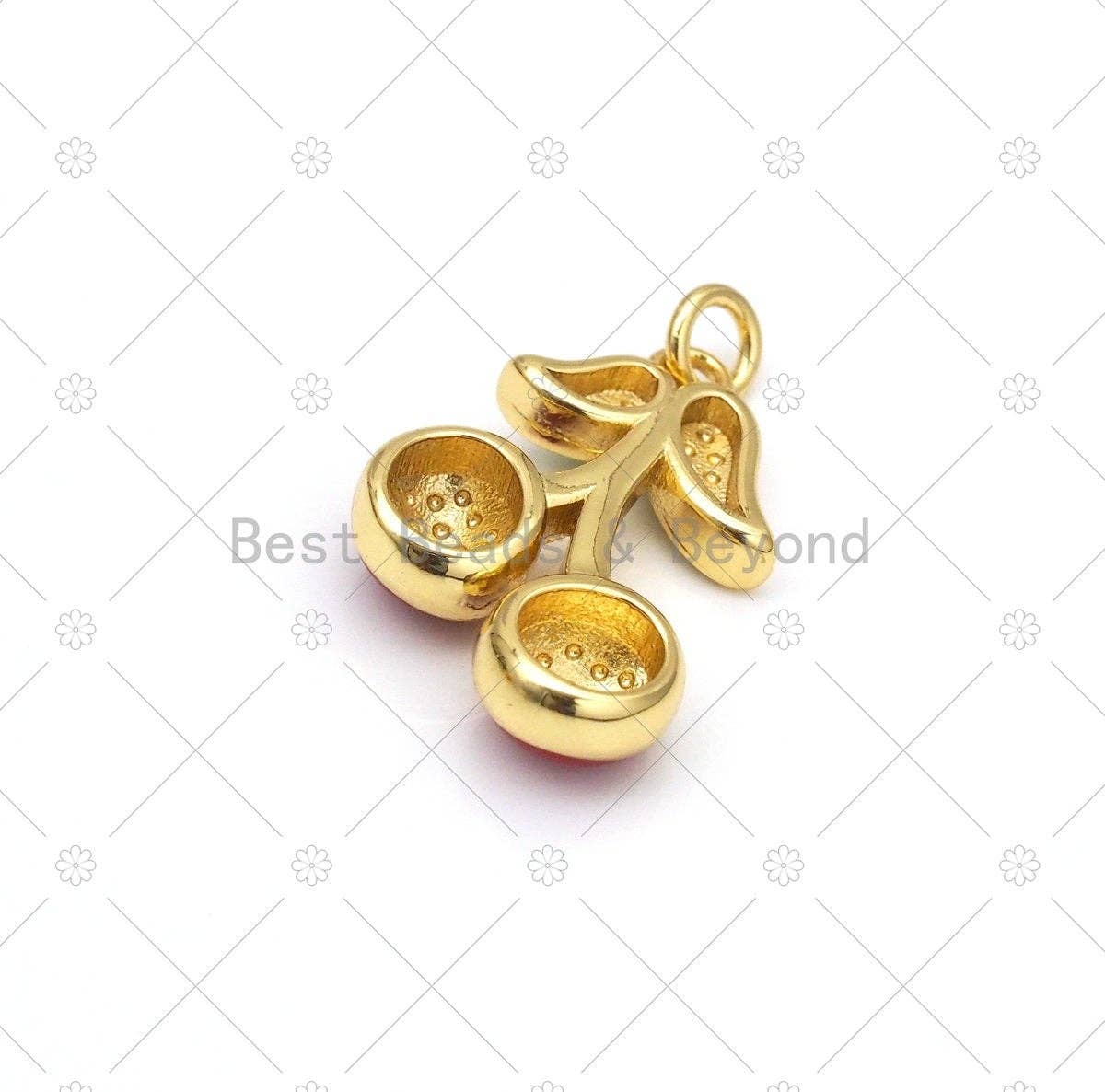 BestBeads&Beyond - Wholesale Individual Charm/Pendant - Enamel Red Cherry Shape with Green Leaf Pendant, 18K Gold Fi2