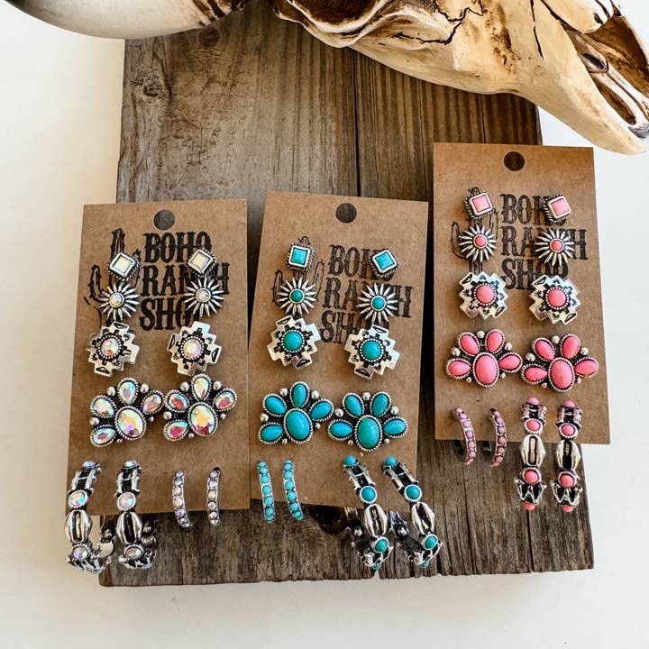 Boho Ranch Shop - Wholesale Stud/Post Earrings - 6 Pair Western Navajo Style Rhinestone Stud Stud Earring Set
