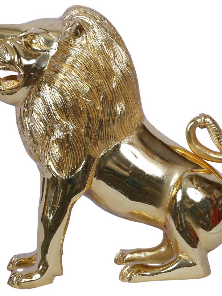 Seated Lion | Gold Plated Brass Statue | Handmade for wholesale by Exotic India Art