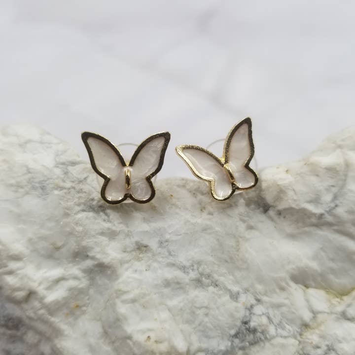 Butterfly Stud Earrings Gold & White for wholesale by The Pretty Jewellery