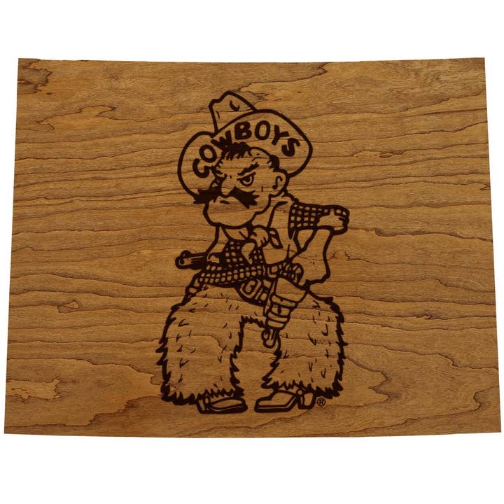 University of Wyoming Cowboys on State Wall Hanging - Crafted from Cherry and Maple Wood - Wyoming Cowboys for wholesale by LazerEdge