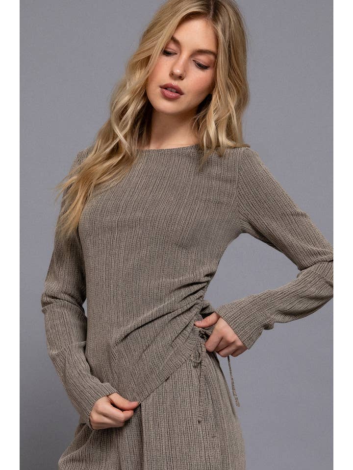 Active Basic | Active USA - Wholesale Knit Top - Women's - Long Sleeve Round Neck Side Ruched Two Tone Texture Knit Top2