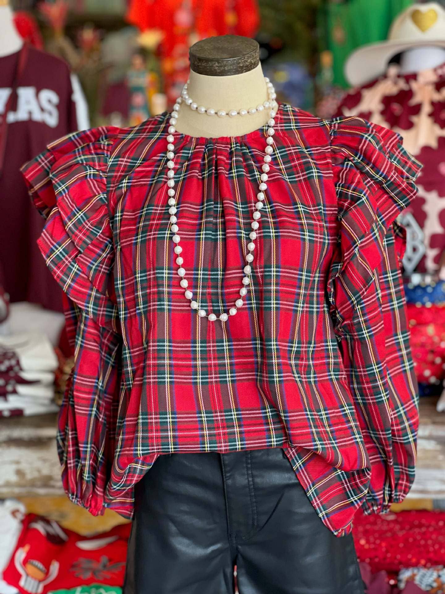 Christmas red & green plaid ruffle Balloon Sleeve blouse for wholesale on Faire