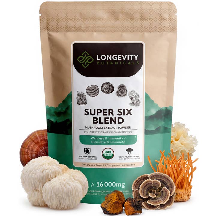 Organic Super Six Blend Powder 100g: Mushroom Supplement for wholesale by Longevity Botanicals