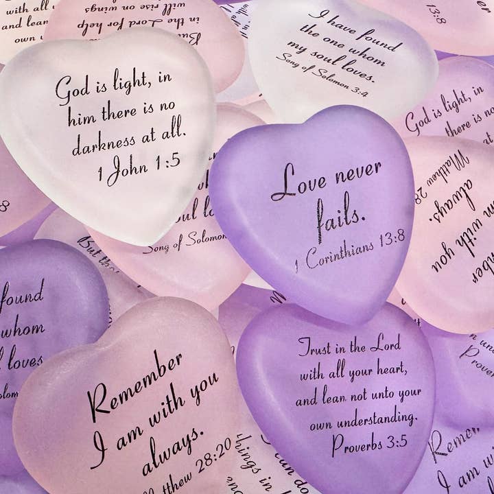 Scripture Frosted Glass Heart Assortment for wholesale by Lifeforce Glass, Inc.