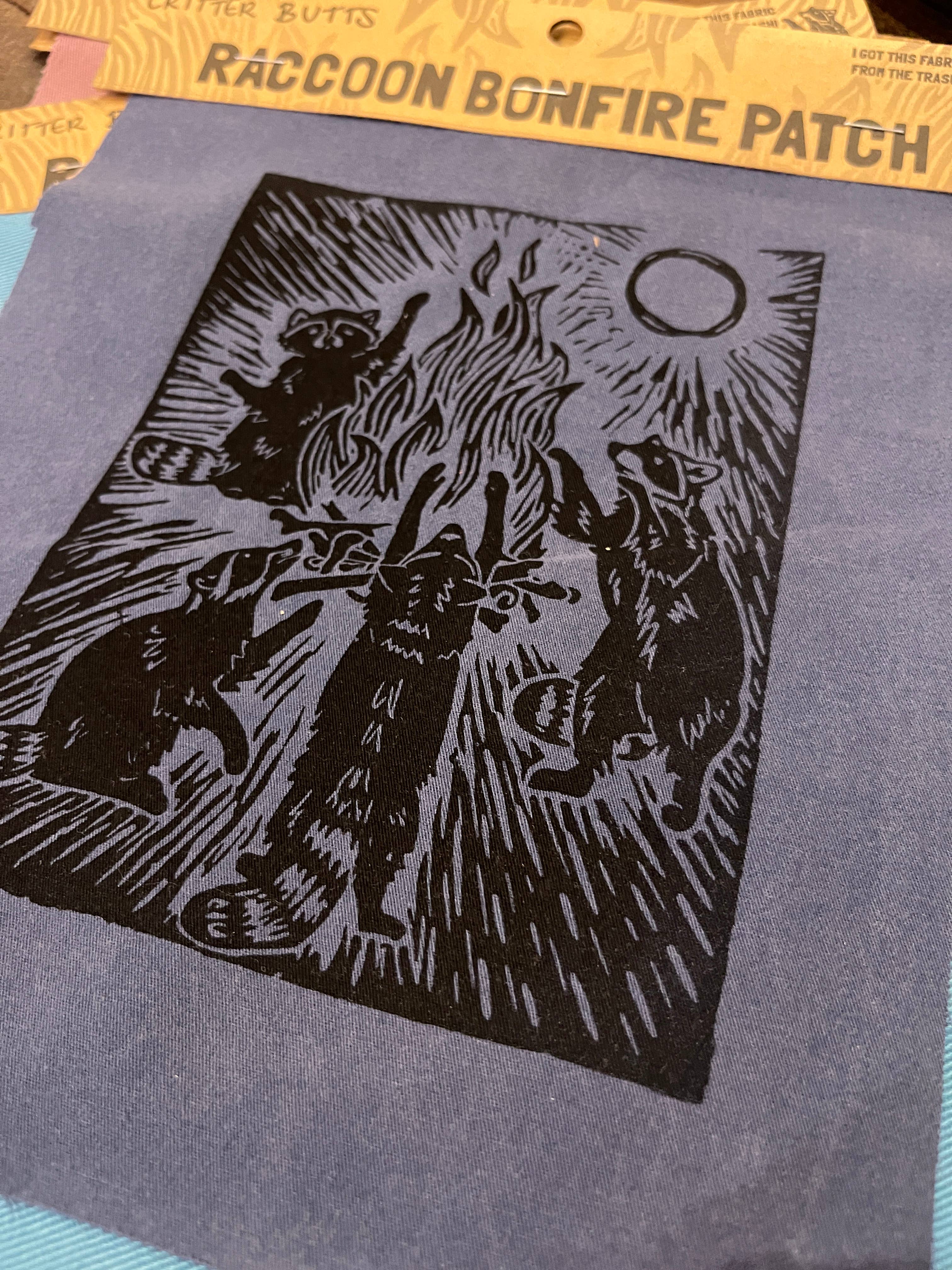 Critter Butts - Wholesale Patch - Raccoon Bonfire Patch - Screen print on thrifted denim1