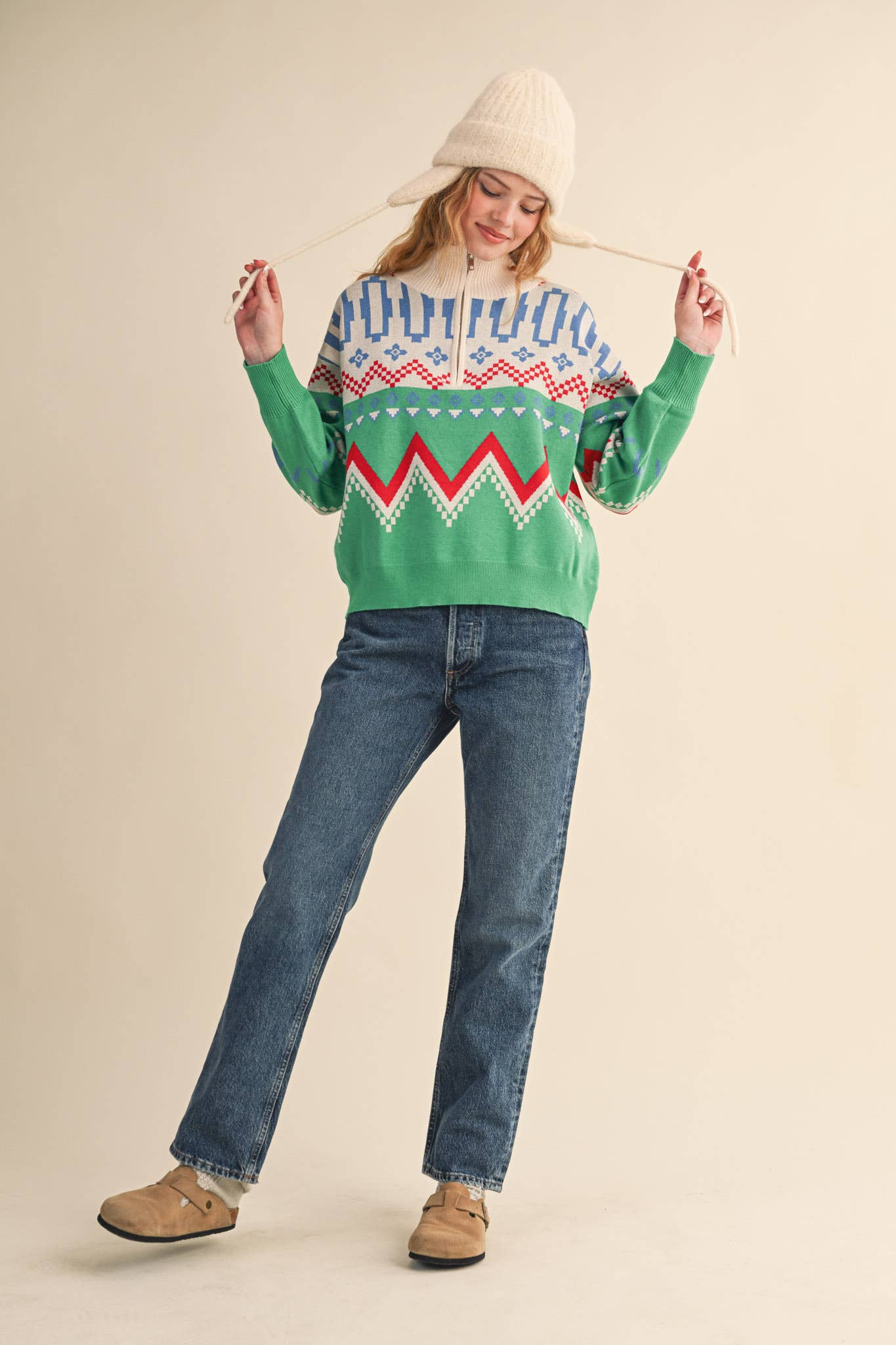 Burgundy Multi GEOMETRIC KNIT MOCK NECK HALF ZIP PULLOVER SWEATER MSW10885 for wholesale on Faire43