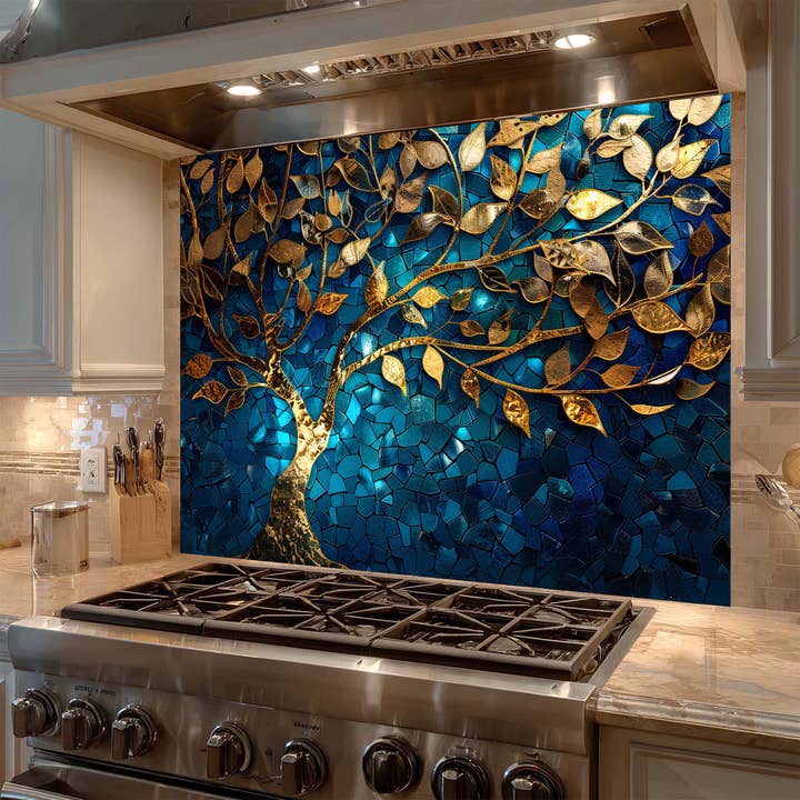 Glass Kitchen Backsplash - Wholesale Wall Accent - Custom Kitchen Backsplash – Golden Mosaic Look Tree Tempered Glass Backsplash1