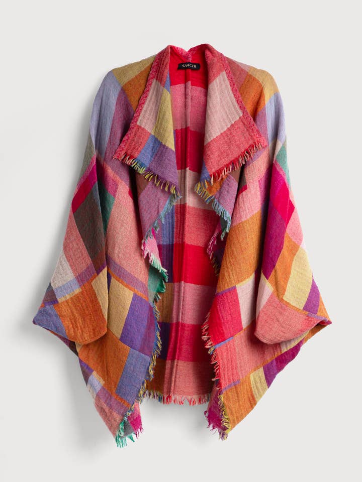 SAACHI - Wholesale Poncho - Women's - Woolen Rainbow Color Grid Cocoon Poncho1