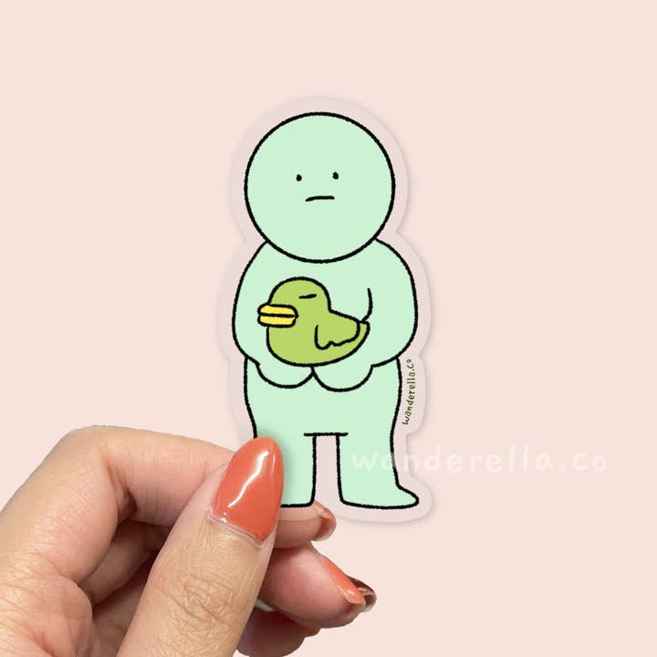 Blind Box Green Guy with Duck sticker for wholesale by Wanderella