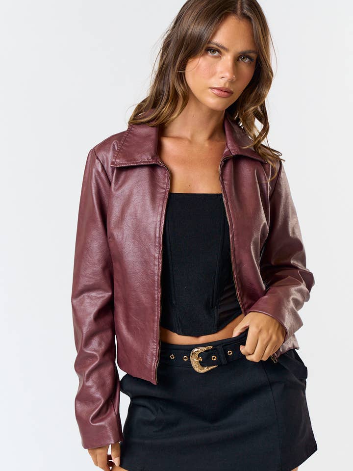 Burgundy IBT31150 WASHED PU LEATHER JACKET 🎄 HOLIDAY 2024 🎄 for wholesale on Faire
