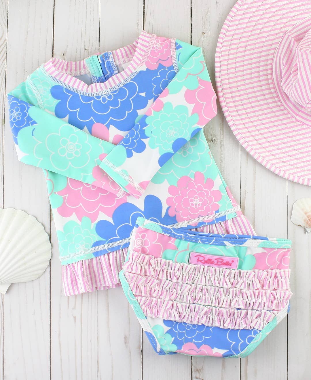 RuffleButts + RuggedButts - Wholesale Rashguard - Kids - Girls Pastel Petals Long Sleeve Rash Guard 2-Piece Swimsuit with Signature Rear Ruffles