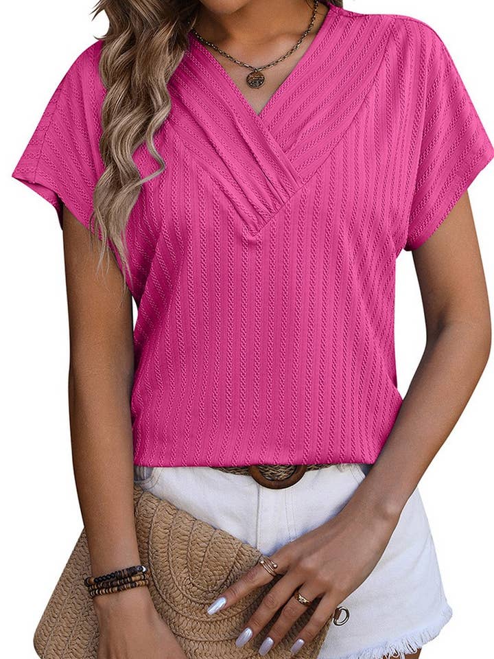 CWTBLS0916_V-NECK CHAIN JACQUARD TOP SHORT SLEEVE for wholesale by NINEXIS