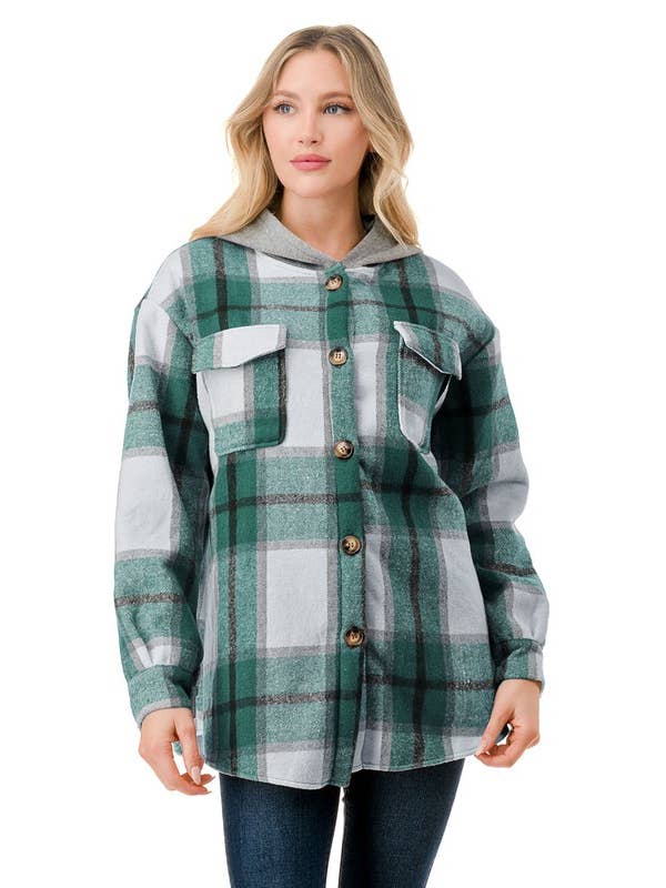 Color 5 - Wholesale Sweatshirt - Women's - Fur lined green white plaid flannel shacket w/hoodie pocket