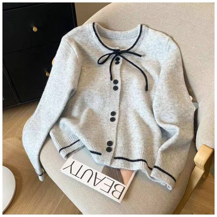 Color Block Loose Bow Cardigan Sweater for wholesale by UZ Wholesale Store