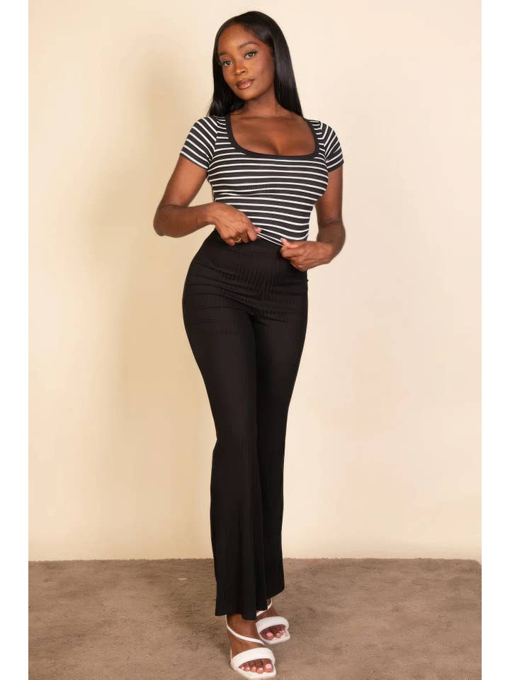 CC Wholesale Clothing - Wholesale Knit Top - Women's - Ribbed striped square neck short sleeve t shirt