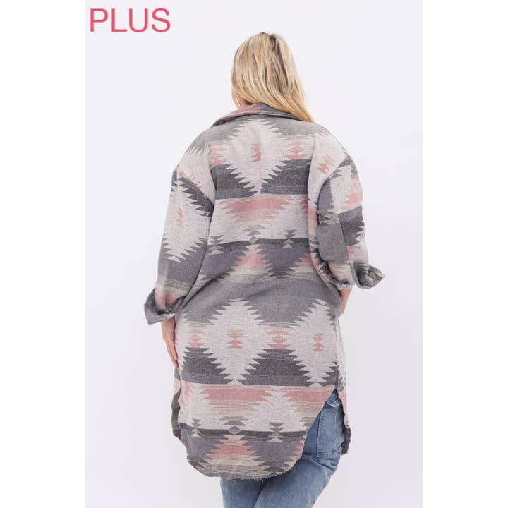 Sweet Generis – Großhandel Hemdjacke/Shacket – Damen – PLUS LANGE TRIBAL AZTEKEN BUTTON-DOWN-HEMD-JACKEN-SCHÄKEL