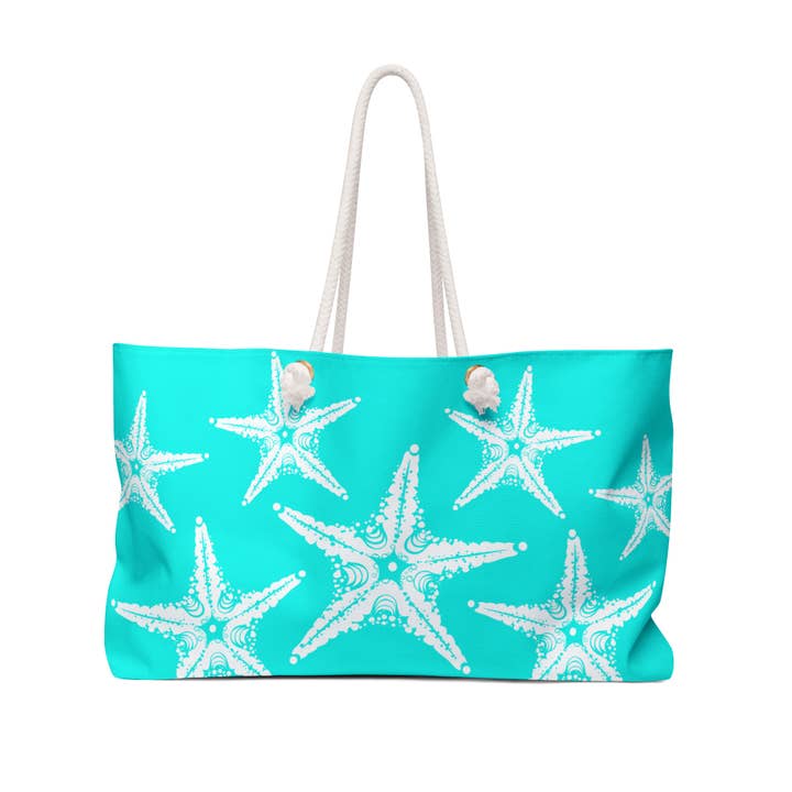 Blue Starfish Beach tote bag. Rope handle Weekender for wholesale by Lyn Roma
