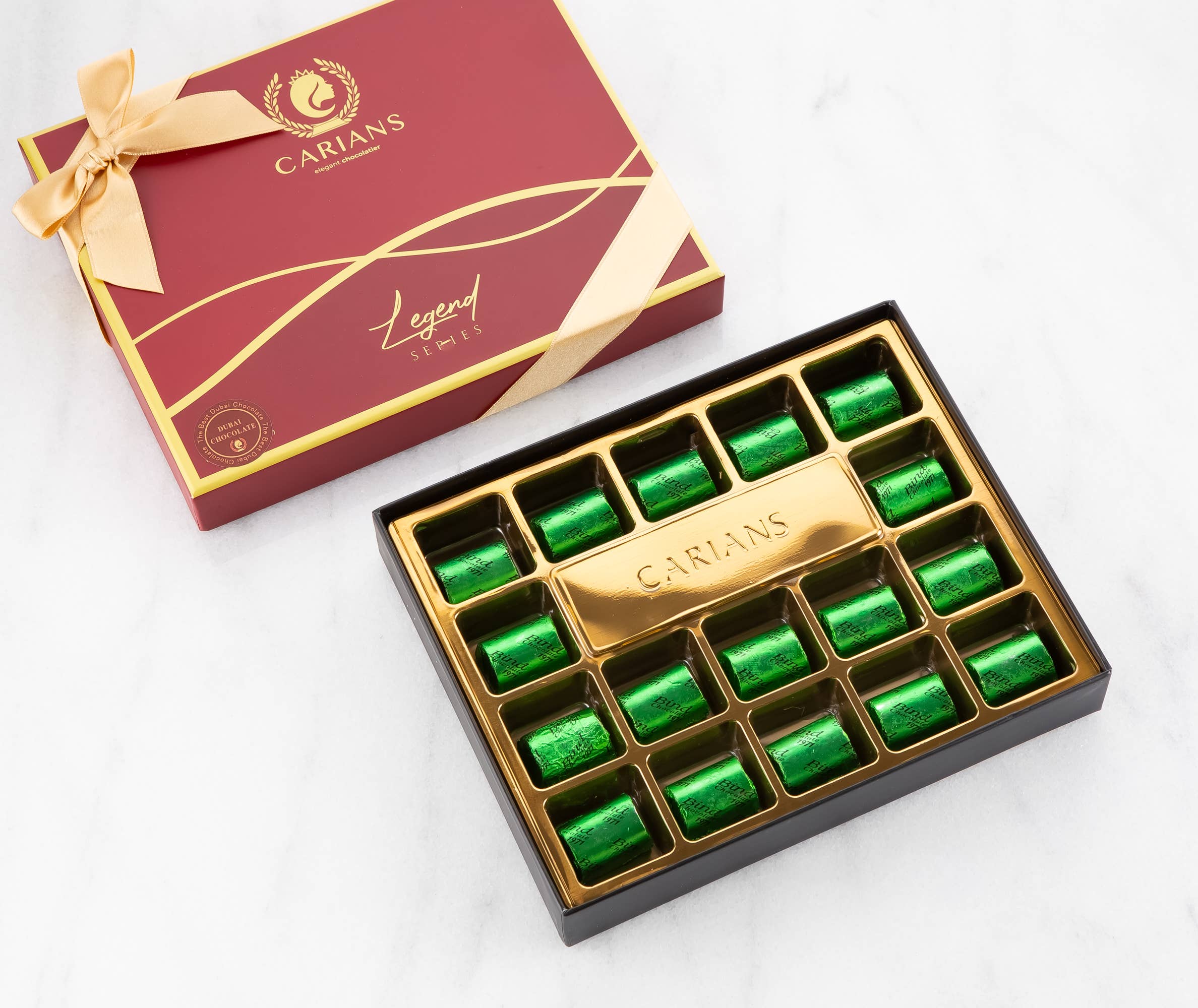 Carian's Bistro Chocolates - Wholesale Chocolate Box - Viral Dubai Chocolate Gift Box with Gold Ribbon Wrapped10