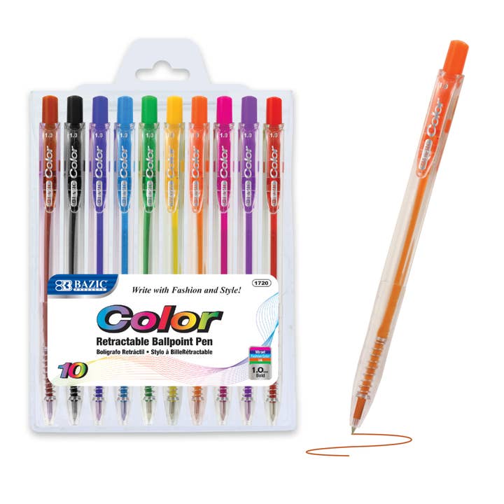 10 Color Retractable Pen for wholesale by BAZIC Products