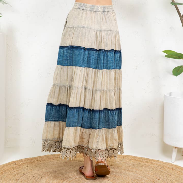 Latte Boho Patchwork Long Skirt with Denim& Lace Inserts for wholesale on Faire