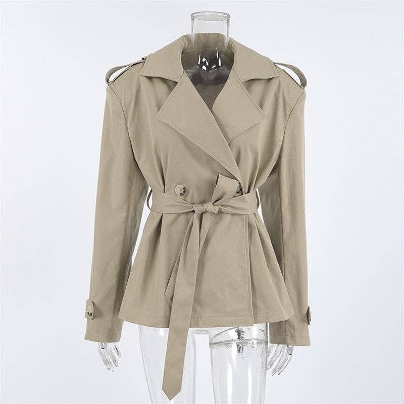 KHAKI Mid-Length Sleeve Lapel Tie-Waist Trench Coat for wholesale on Faire6