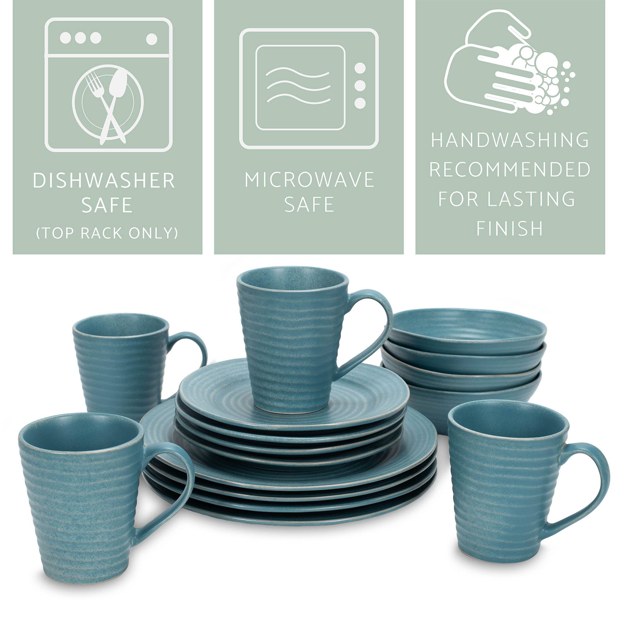 EAST AVENUE - Venta al por mayor Conjuntos de vajilla - Juego de vajilla de 16 piezas, color turquesa acanalado2