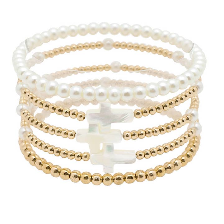 Brac elástico multi-camadas cruzado em madrepérola com cordões de pérola por atacado de SOPHIA WHOLESALE